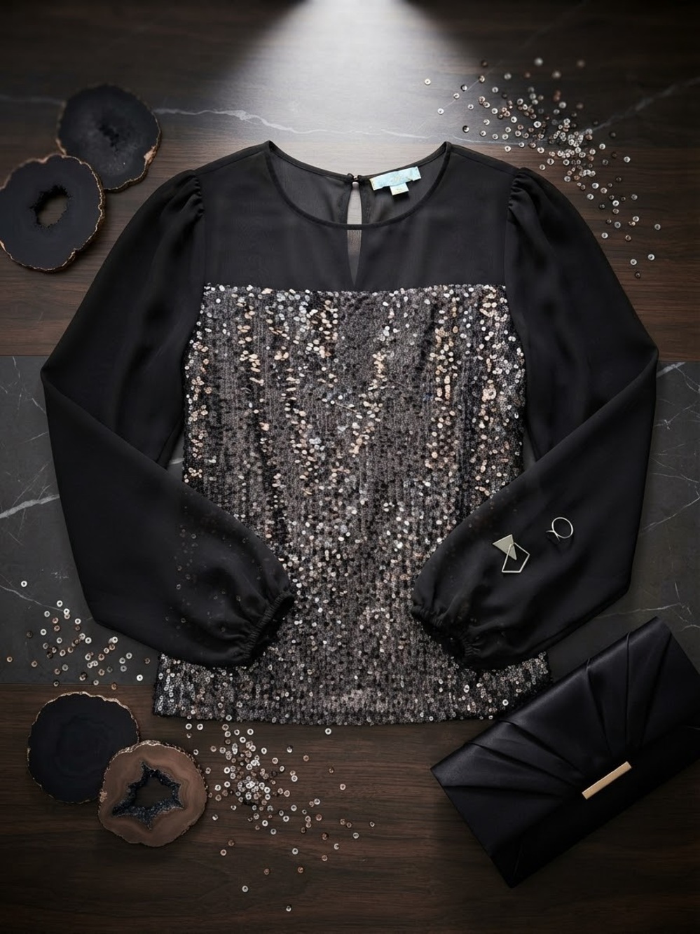 CeCe Black Sequin Front Long-Sleeve Blouse